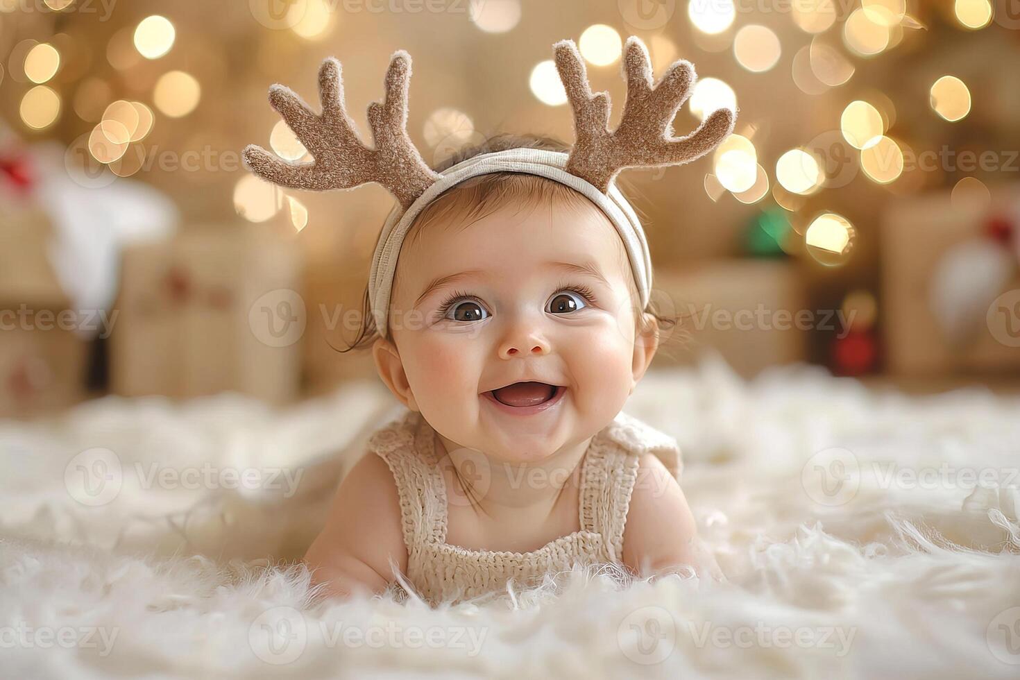 portrait cute happy baby in headband with deer antlers lying on white fuzzy blanket on golden bokeh background photo