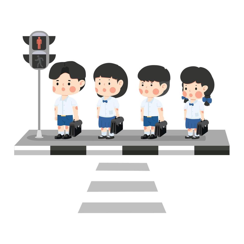 Group of cute kids waiting for a green traffic light signal vector