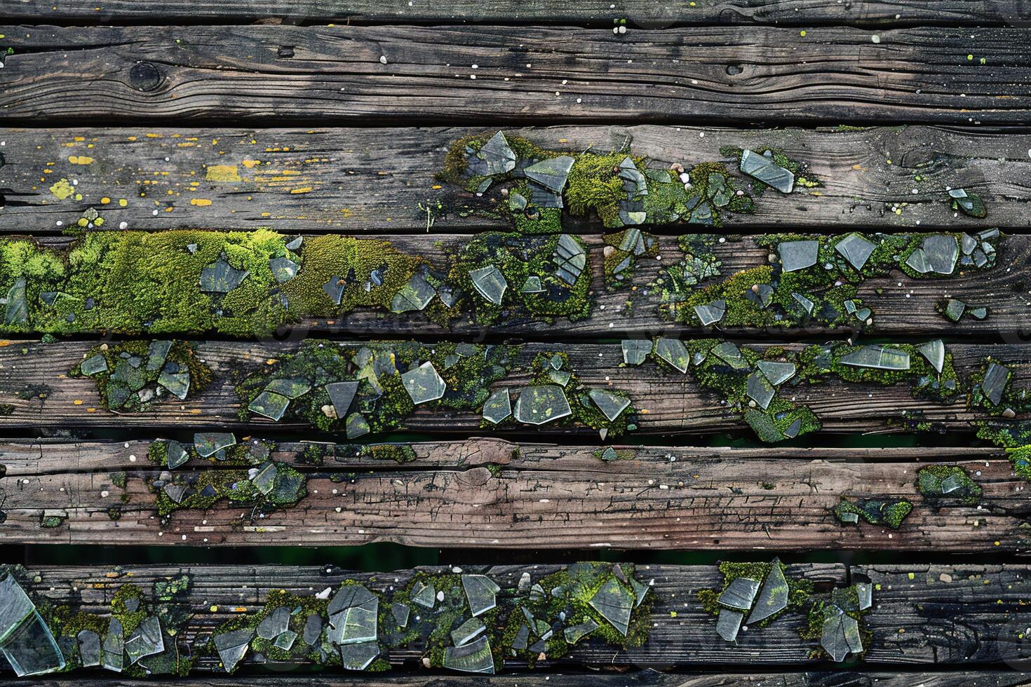 grunge texture old weathered wooden planks surface background with peeling paint, moss and glass shards top view photo