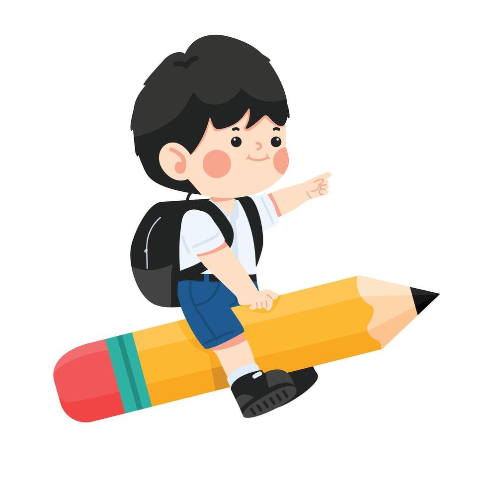Cute boy student flying on Pencil back to school vector