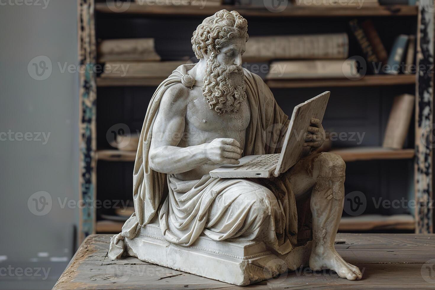 closeup of stone figurine of an ancient god sitting and working at a laptop photo
