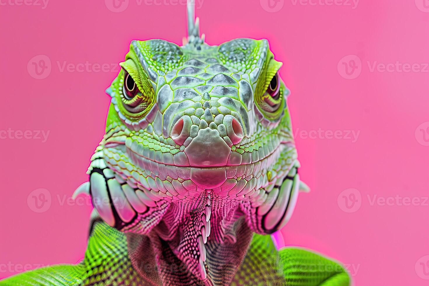 closeup portrait of green lizard on pink background photo