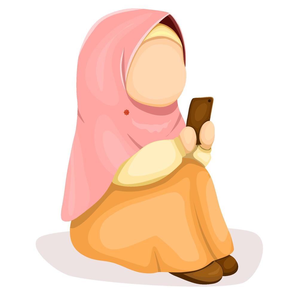 Girl in hijab sitting while holding smartphone vector