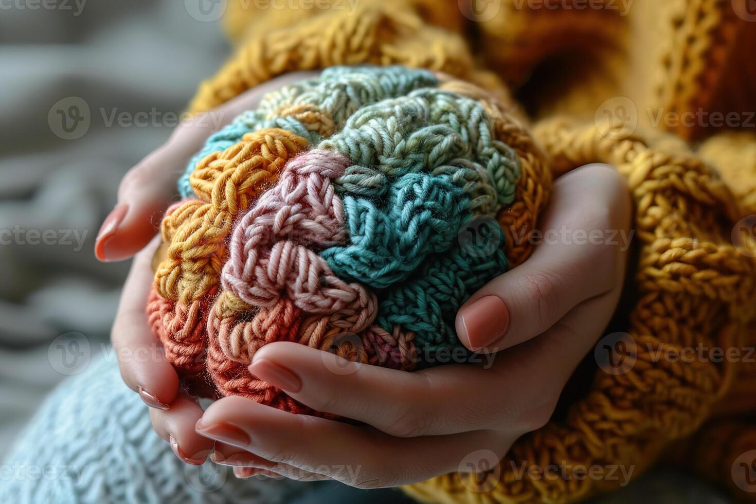 female hands in a warm cozy sweater hold a cute knitted human brain photo