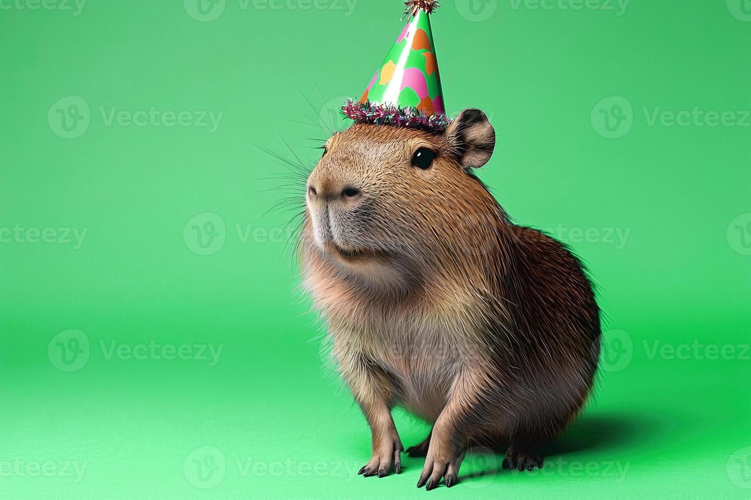 Birthday celebration concept cute capybara in a party hat on green background with copy space photo