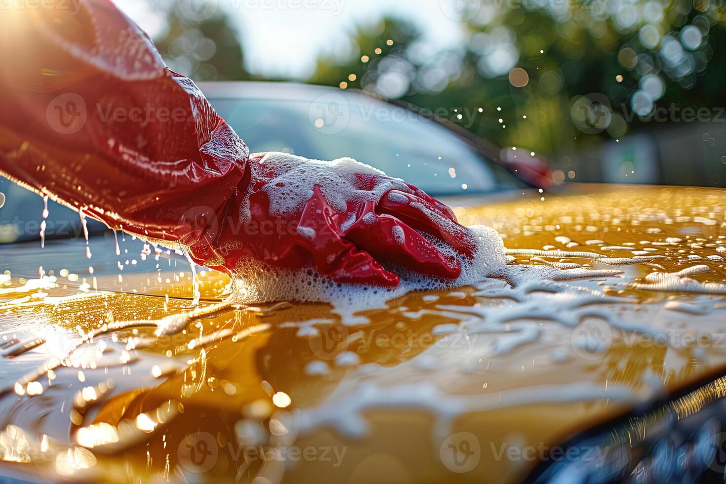 closeup of hand in red glove washing yellow car with detergent with foam photo