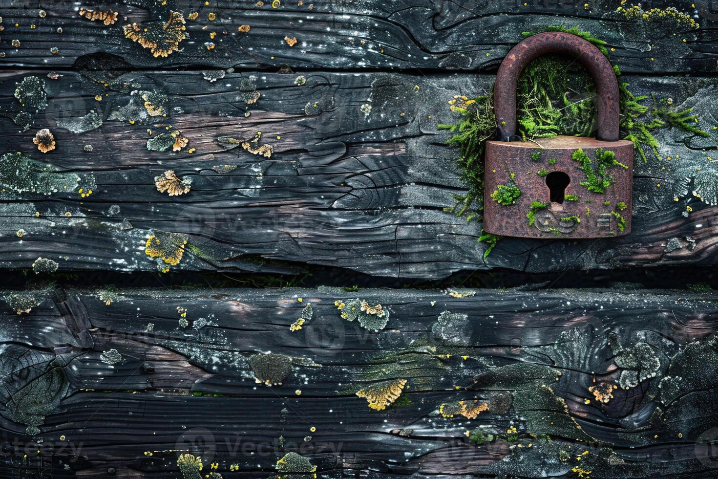 top view of old rusty lock on dark weathered wooden planks with moss with copy space photo