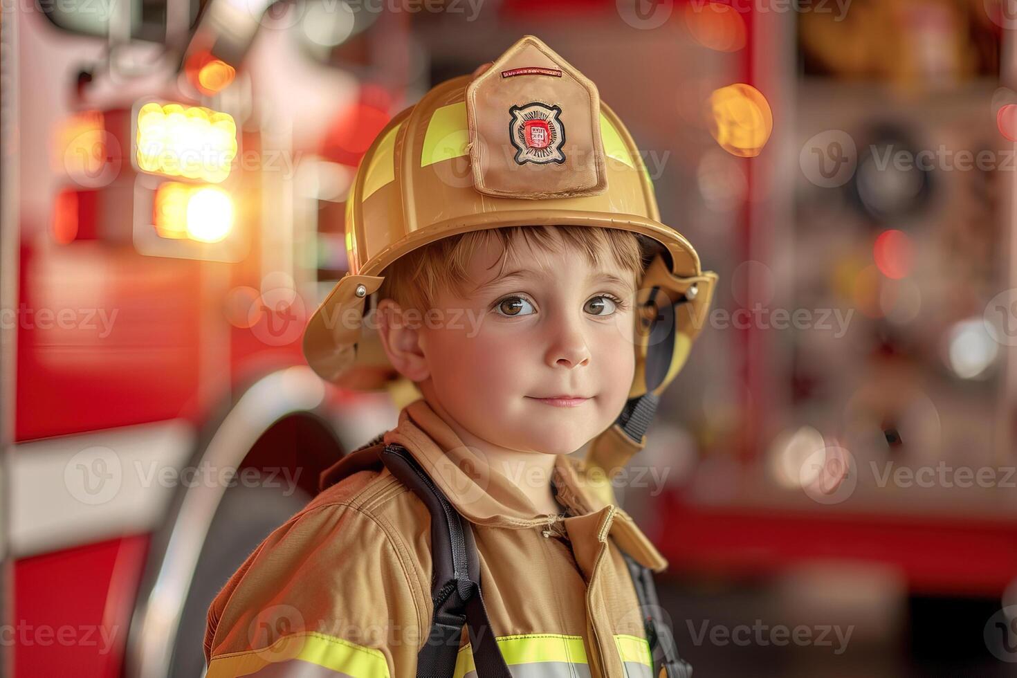 caucasian little boy in helmet dressed as fireman on blurred background photo