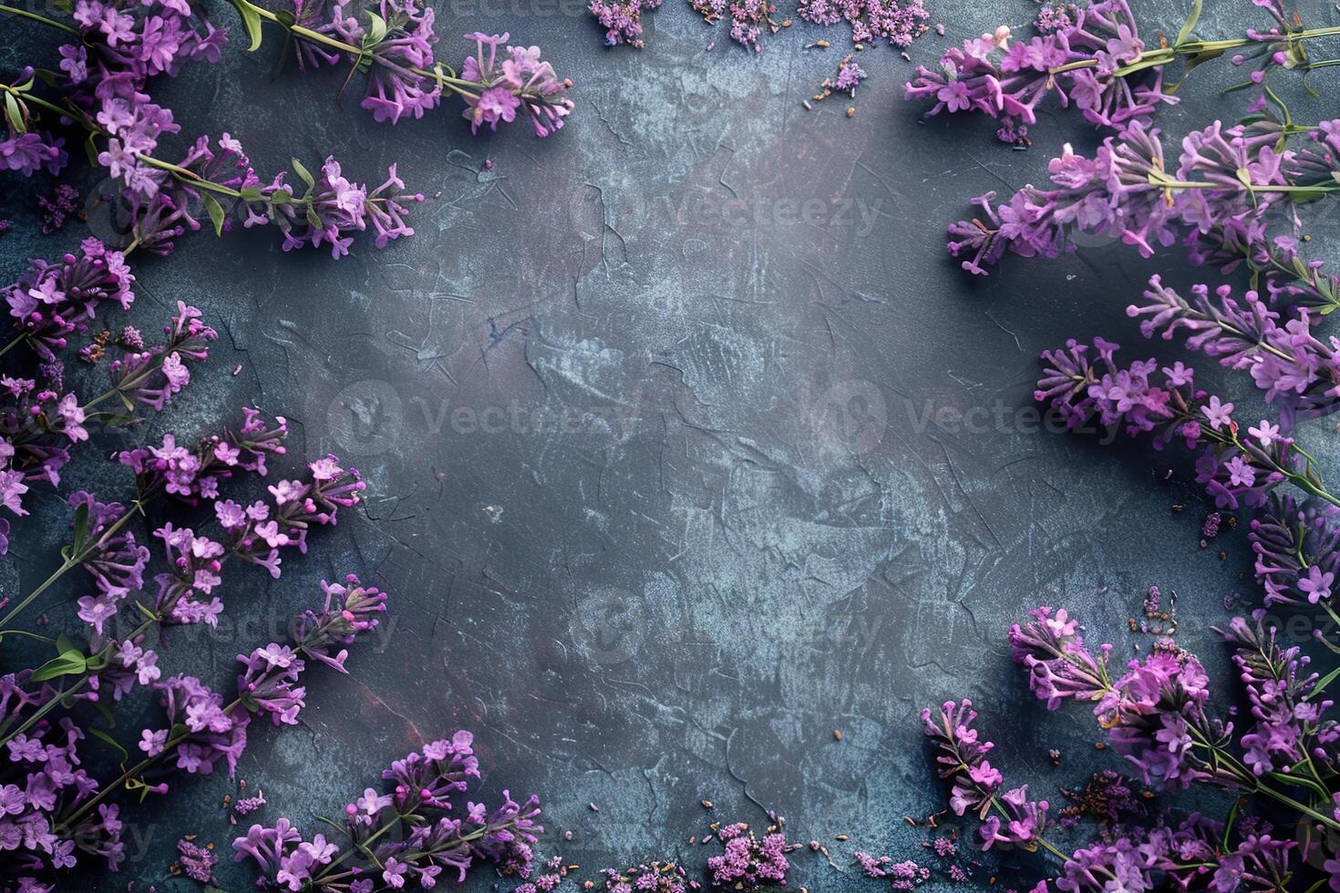 purple lavender frame on gray concrete background top view, floral template with copy space photo