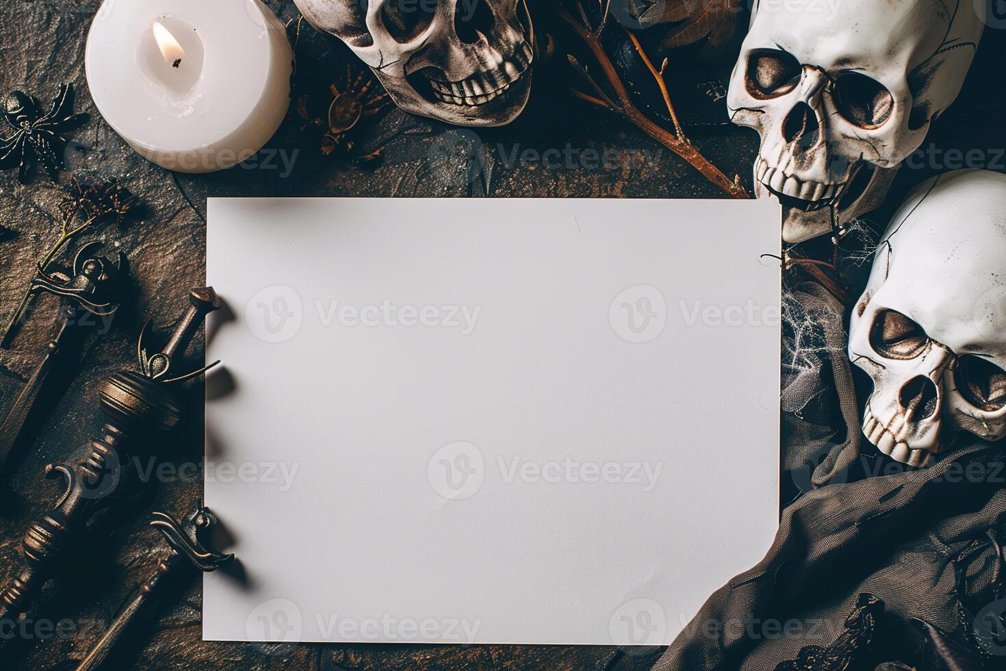 mockup white blank paper sheet with candle and scull top view, halloween template empty card flat lay for design photo