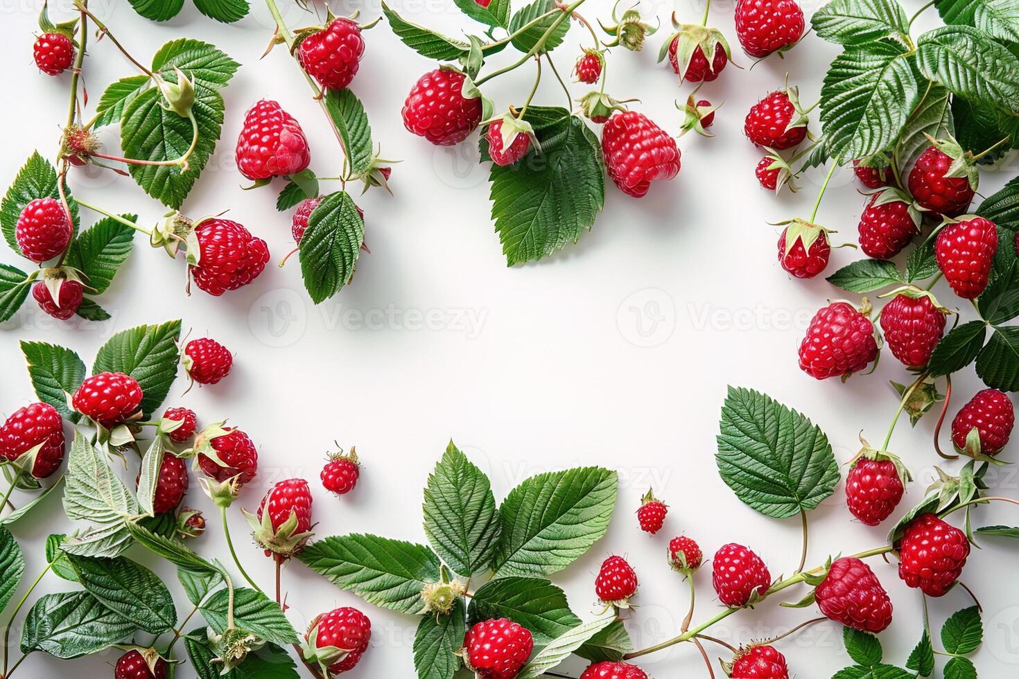 top view composition red ripe raspberries with leaves border frame on white background with copy space photo
