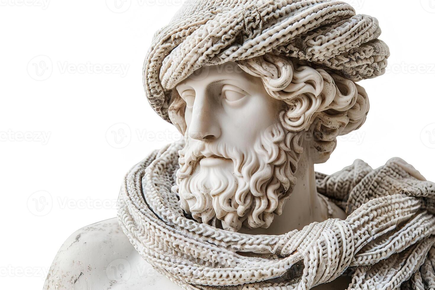 closeup ancient statue of man in cozy knitted hat and scarf isolated on white background photo