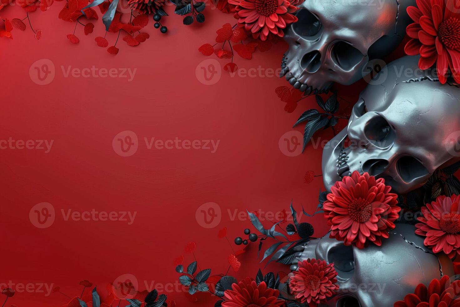 halloween composition top view template border frame with human skulls and flowers on red background with copy space photo
