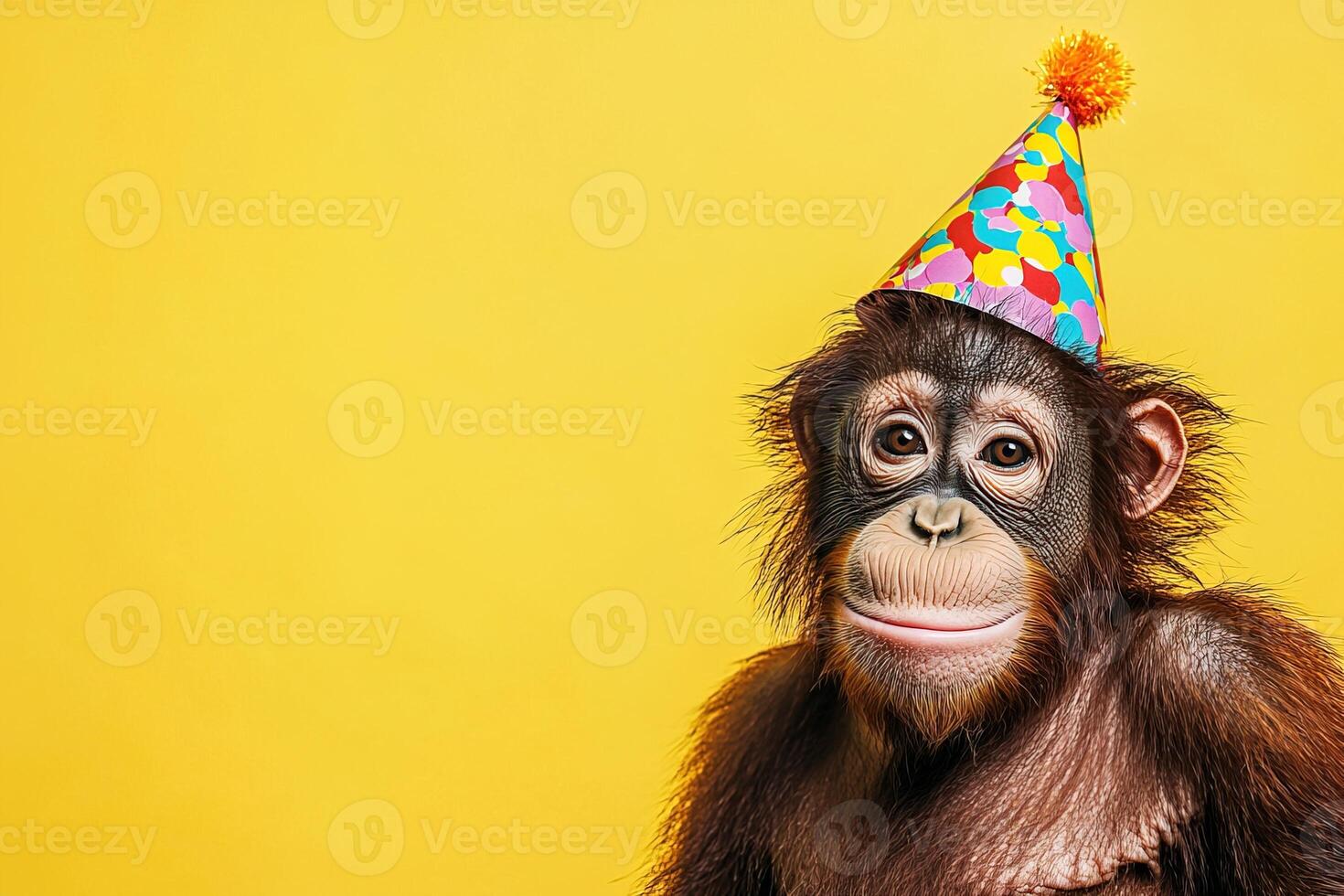 portrait of smiling orangutan monkey in party hat on bright yellow background with copy space. Birthday celebration concept photo
