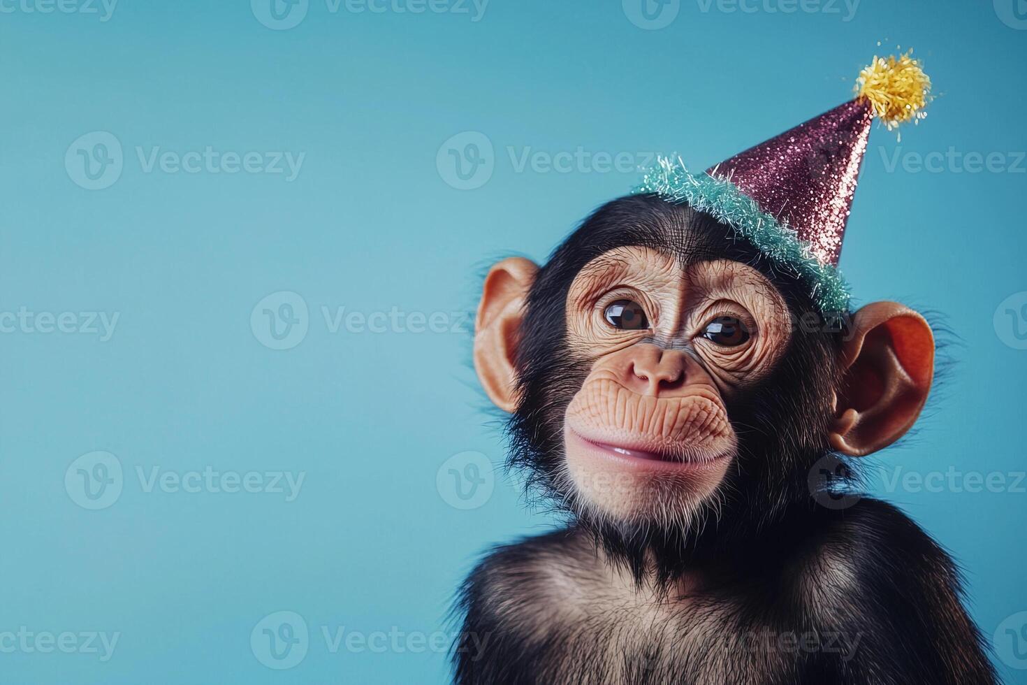 Birthday celebration concept portrait of cute monkey in party hat on blue background with copy space photo