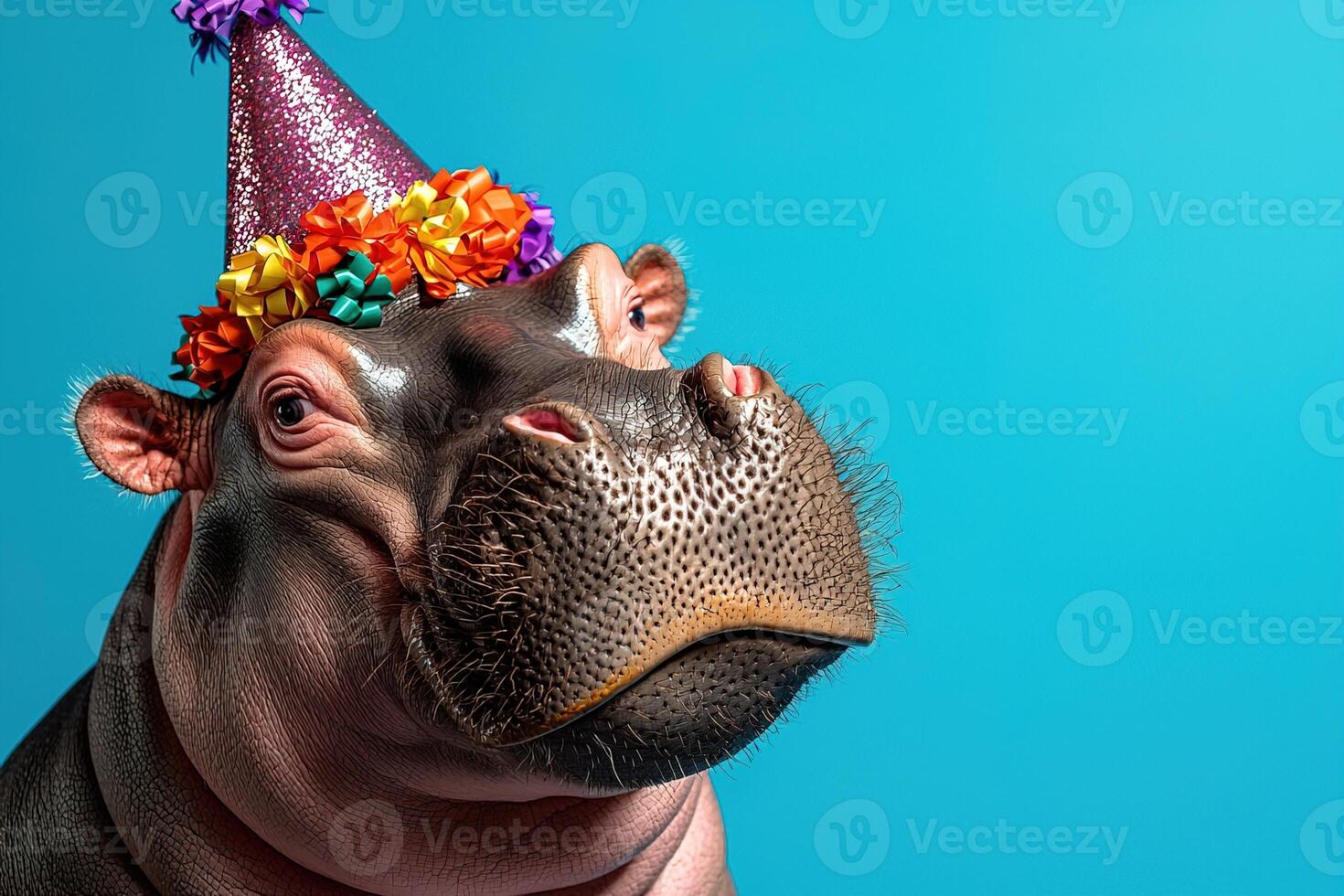 Birthday celebration concept portrait of hippopotamus in party hat on blue background with copy space photo