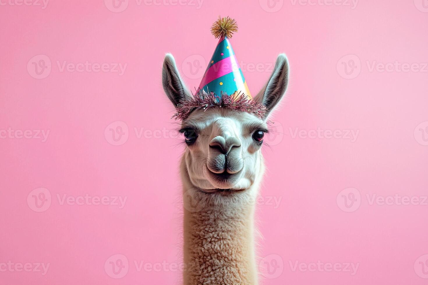 Birthday celebration concept portrait of cute white lama in party hat on pink background photo