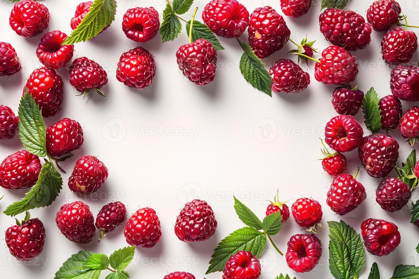 composition red ripe raspberries with leaves frame on white background top view with copy space photo