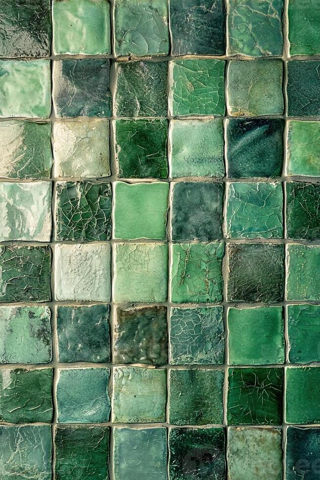 vertical image closeup wall with luxury mosaic tiles in green colors photo