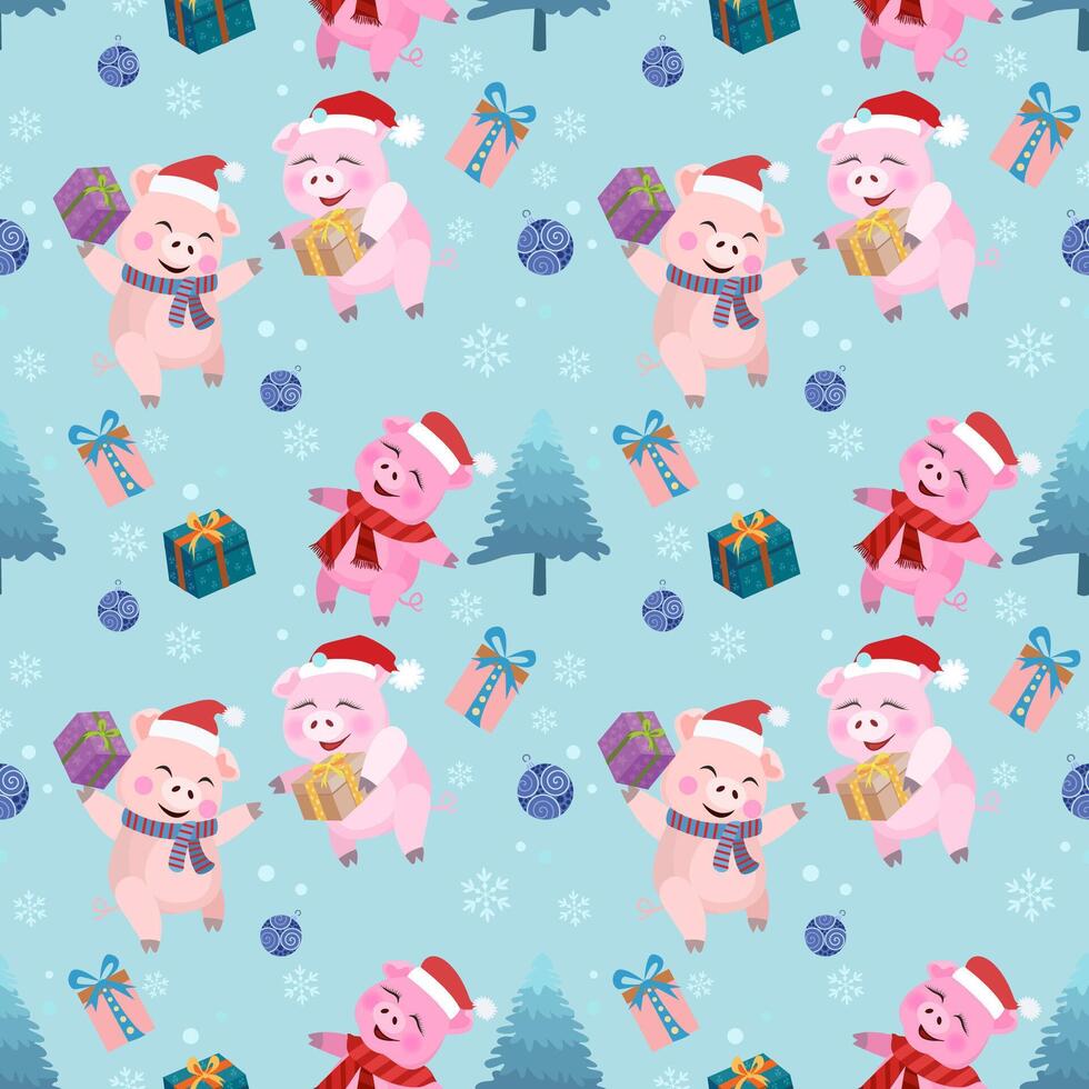 Cute pig gift box Christmas tree on blue color background pattern vector