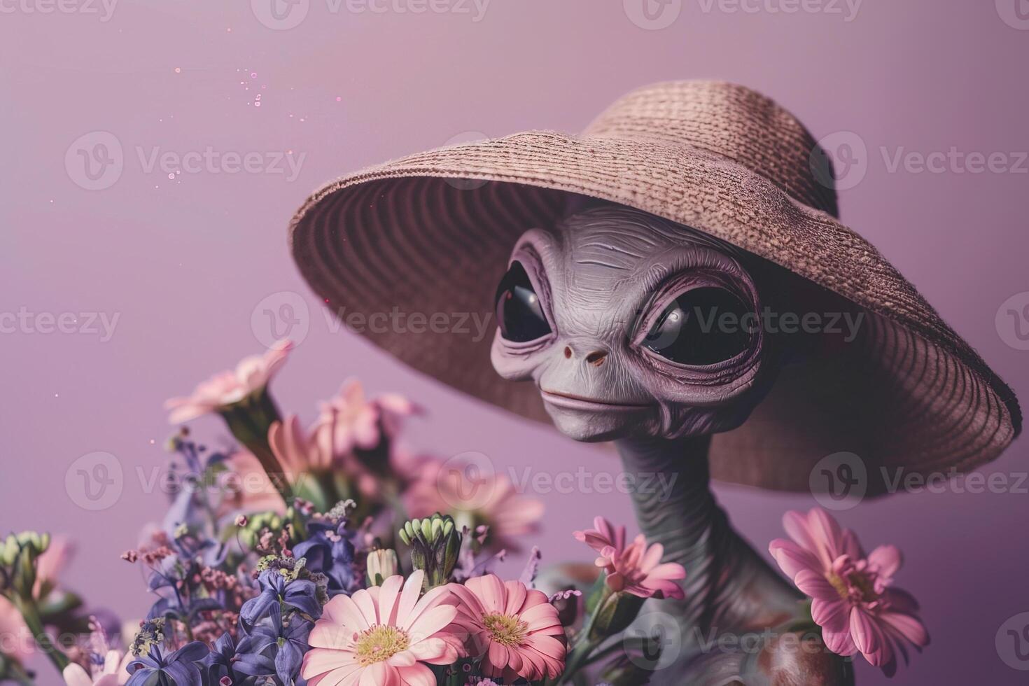 portrait in retro colors beautiful UFO alien with big black eyes in hat with bouquet of flowers on purple background photo