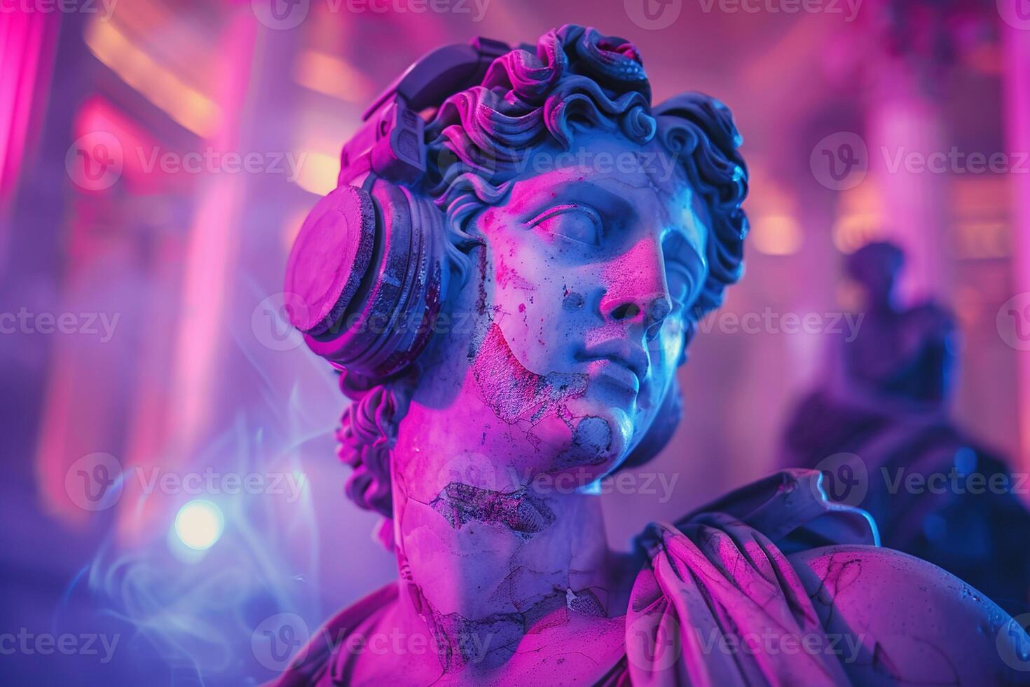 portrait ancient god statue in large headphones in colorful neon lights in bar photo