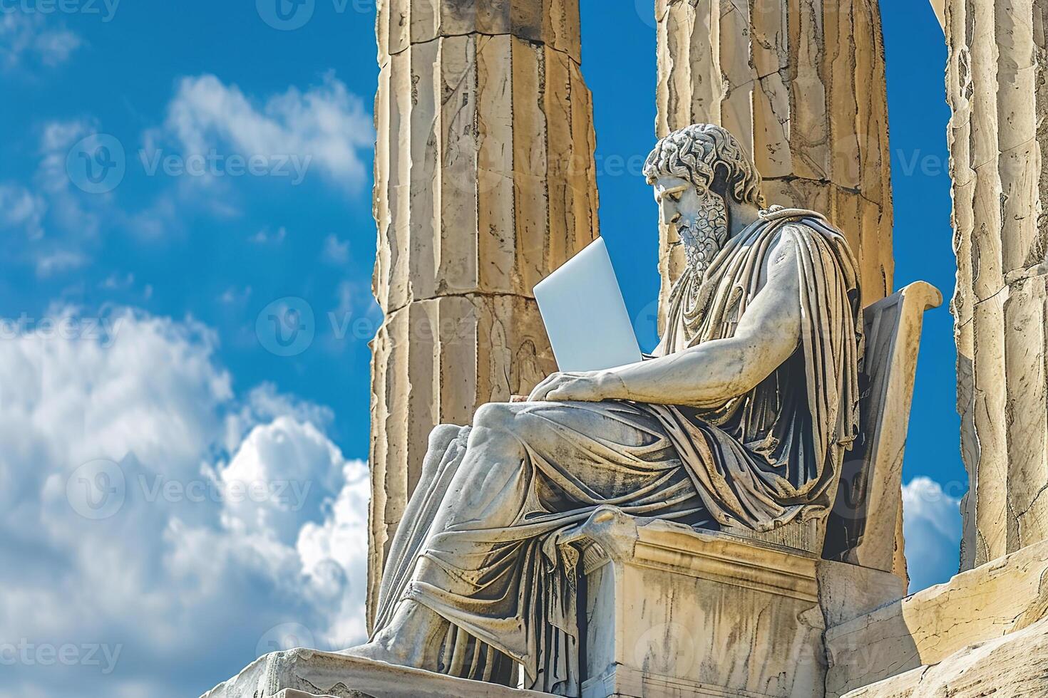 closeup of statue of an ancient god sitting and working at laptop with ancient columns and blue sky backgroubd photo
