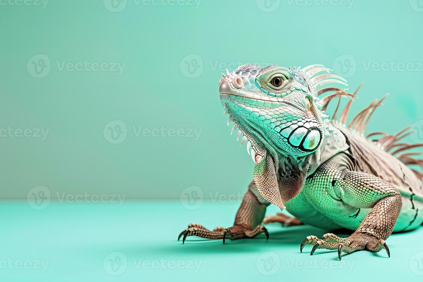 closeup iguana lizard sitting on light blue background with copy space photo