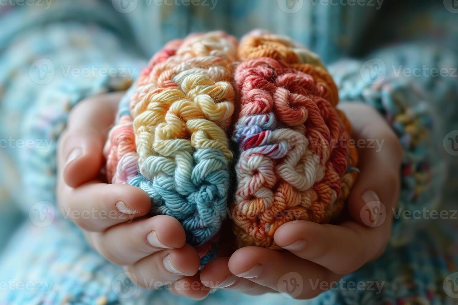 closeup female hands in a warm cozy blue sweater hold a cute knitted human brain photo
