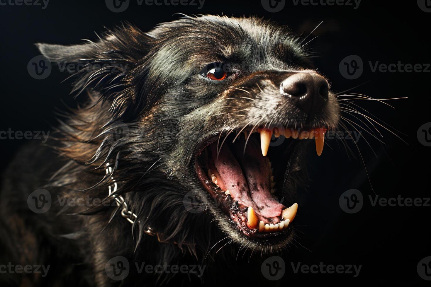 closeup aggressive dog growling and shows teeth isolated on black background photo