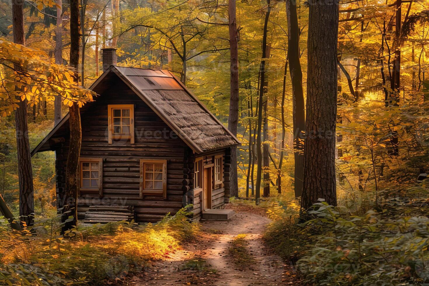 a small wooden house in the wilderness of an autumn forest with bright foliage photo