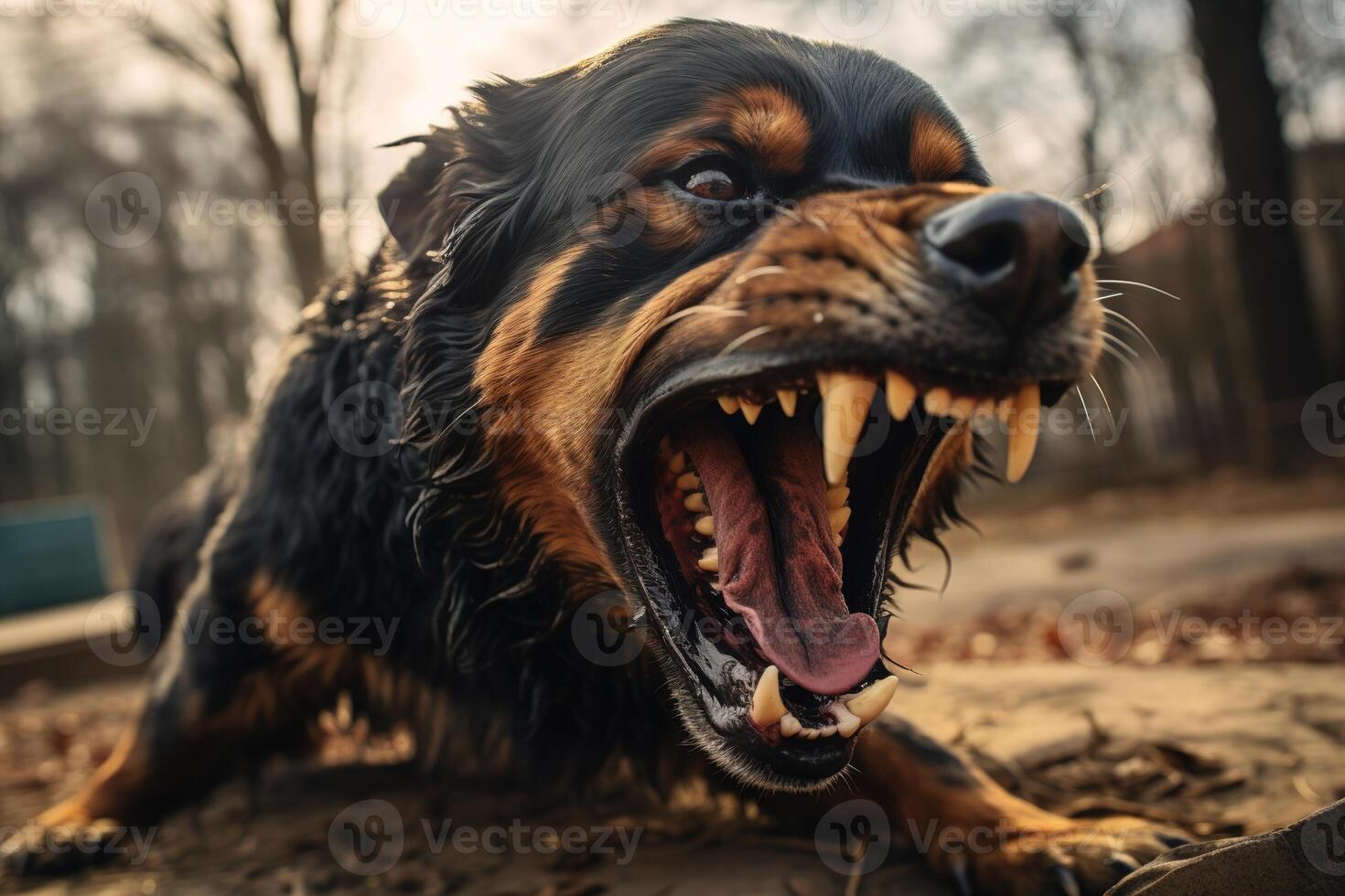 aggressive dog with mouth open and teeth bared, showing its teeth photo