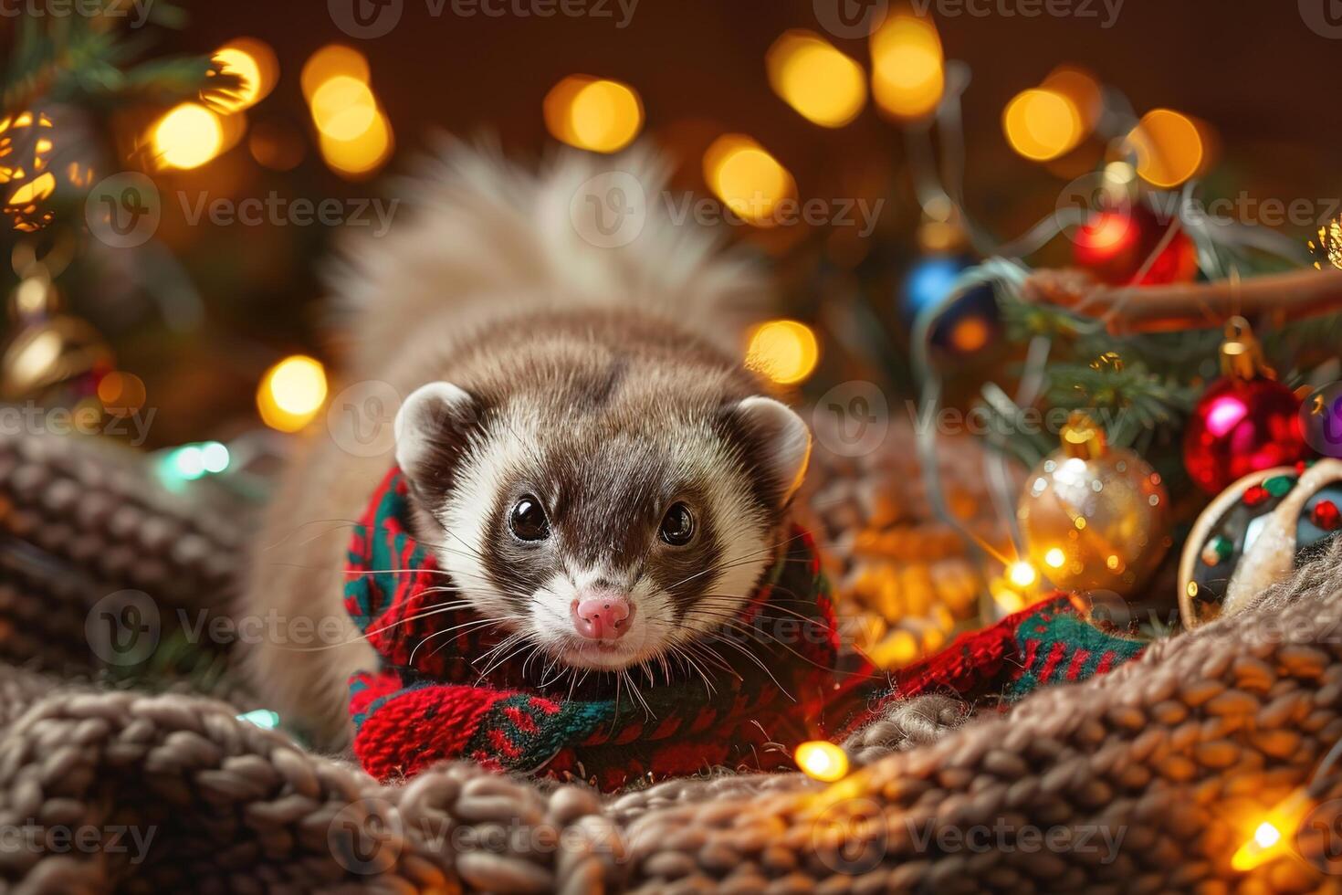 small cute ferret in knitted scarf on bokeh christmas background photo