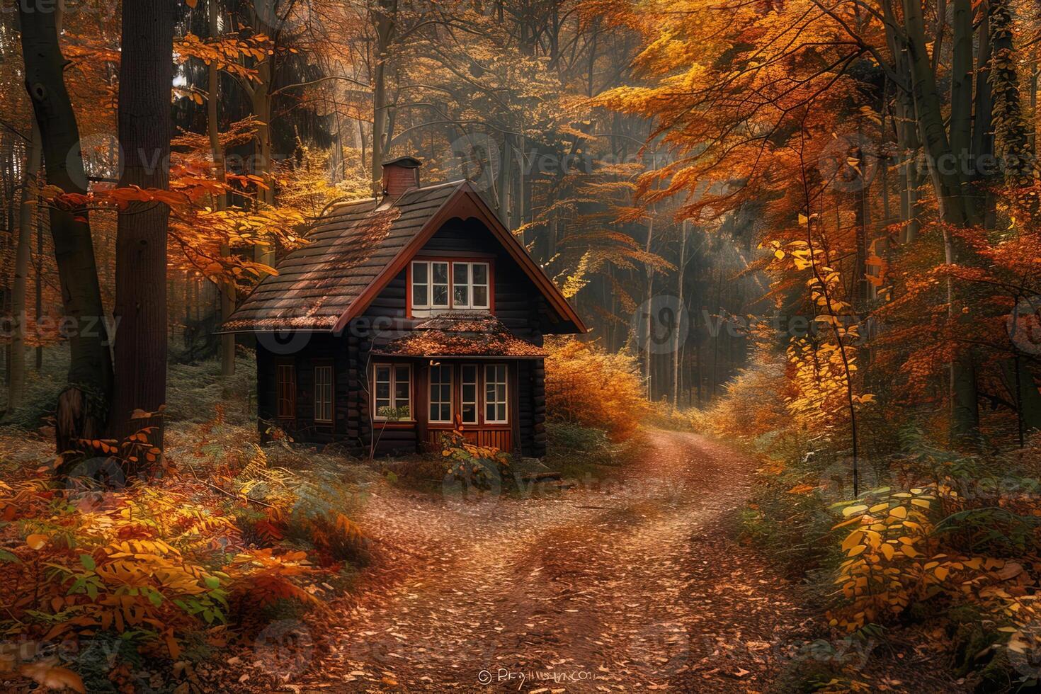 small wooden house in the wilderness of an autumn forest with bright orange trees photo