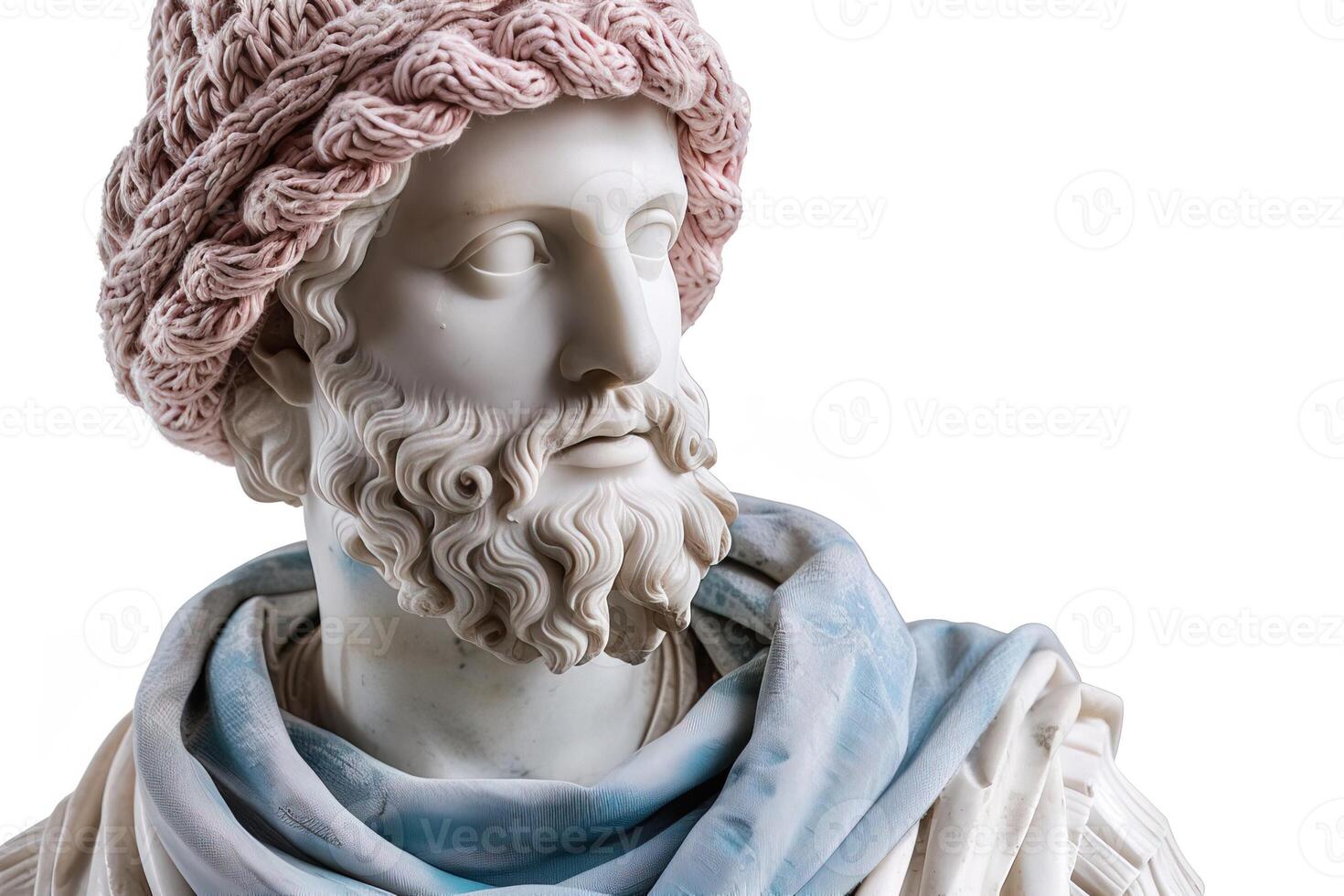 portrait ancient male god statue with beard in cozy warm knitted hat and scarf isolated on white background photo