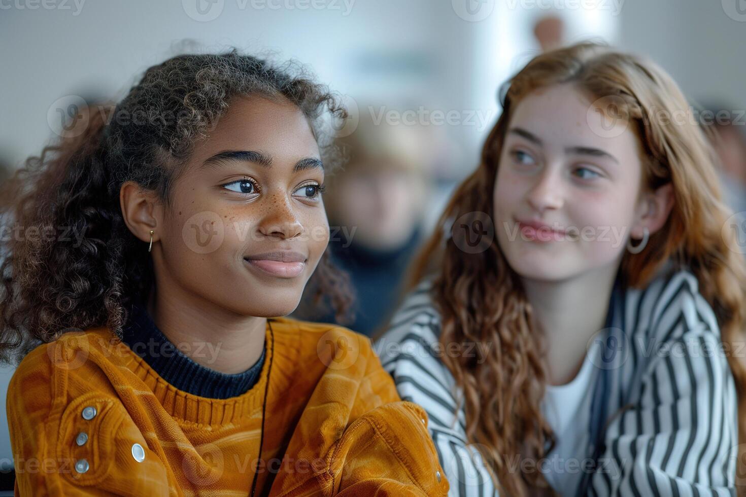 Two different teenage girls sitting next to each other in a classroom photo
