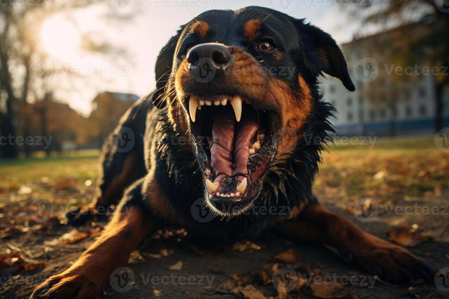 closeup aggressive dog growling and shows teeth in autumn park photo