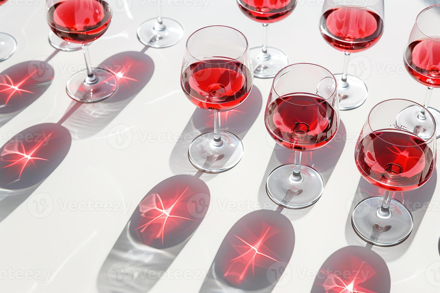 A row of wine glasses with red wine in them on white background with bright sunlight, shadows and reflections photo