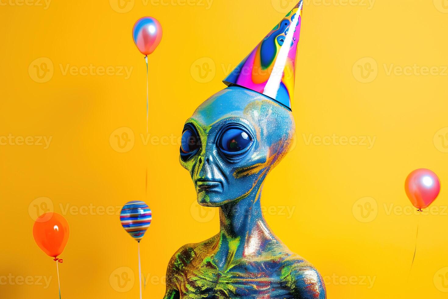 cute alien ufo in party hat on bright yellow background. Birthday celebration concept photo