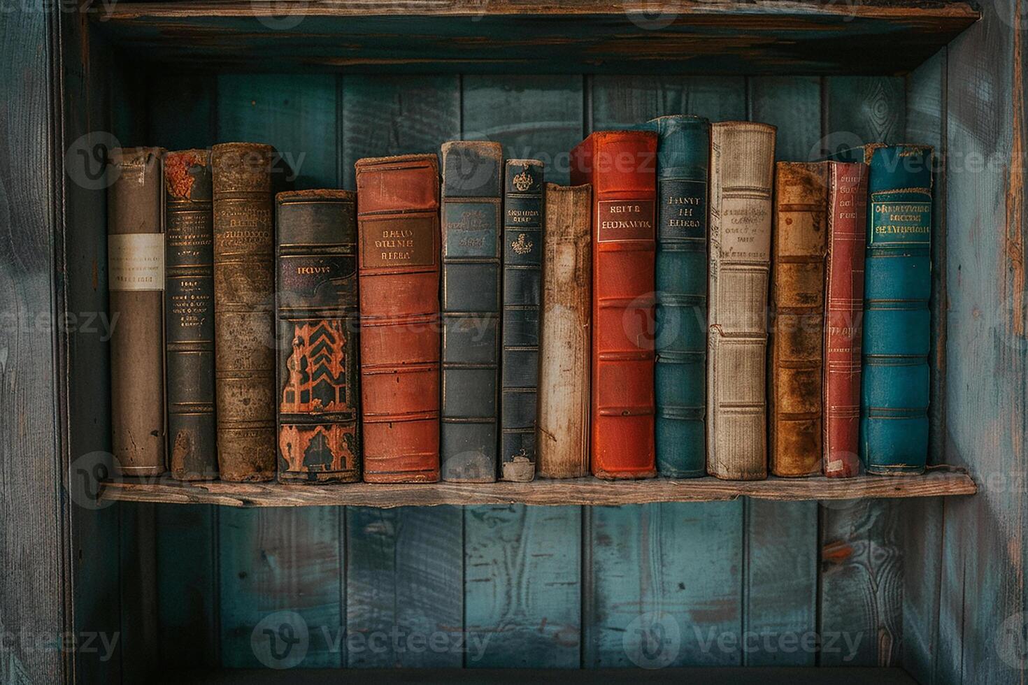 Old books standing on a bookshelf in a museum or library. Background photo