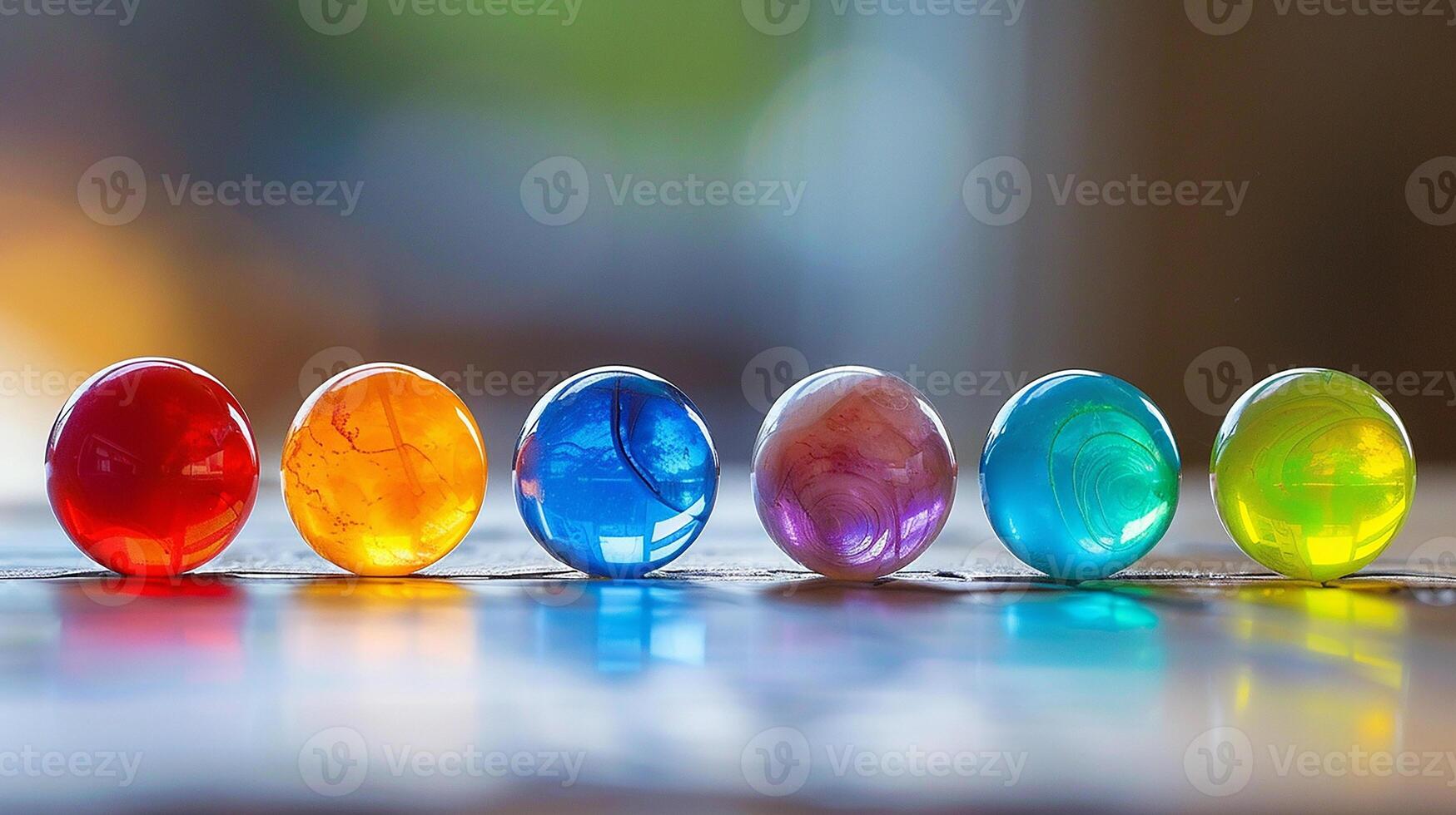 Six multi-colored balls lie in a row on the table photo