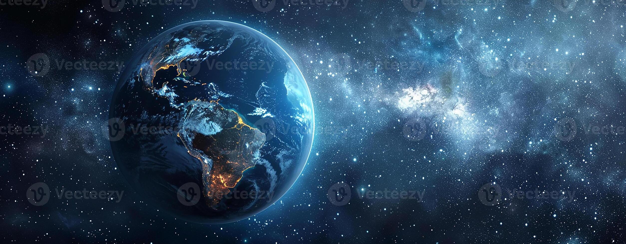 Panoramic view of Earth, stars and galaxy. Planet Earth, view from space. Space fantasy. photo