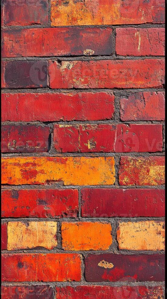 A Close-Up View of a Weathered Brick Wall with Red, Orange, and Yellow Tones photo