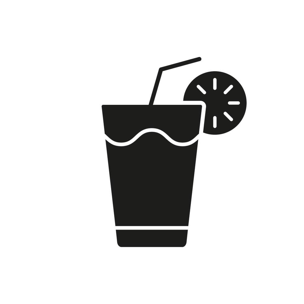 Refreshing Drink Glass With Lemon And Straw Silhouette Icon. Healthy Beverage, Hydration, Fresh Drink. Isolated Illustration vector