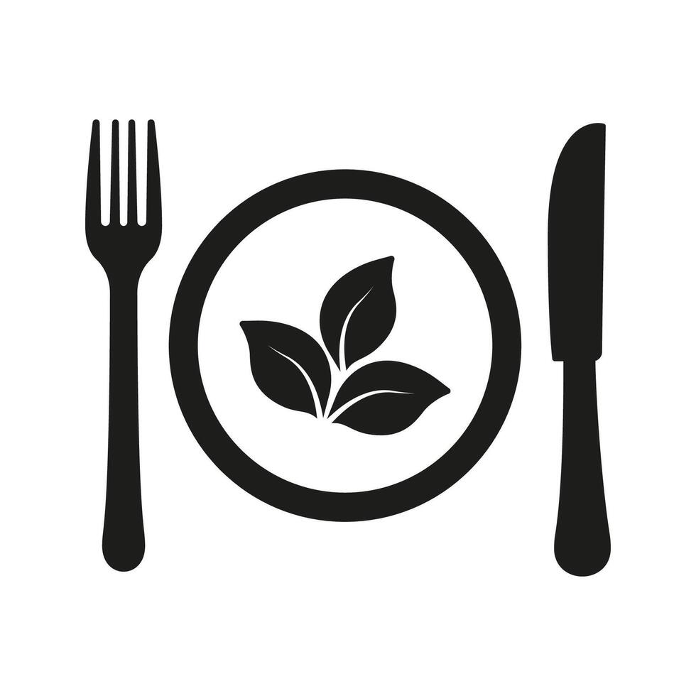 Plate With Leaf And Cutlery Silhouette Icon, Healthy Vegan Diet Glyph Icon. Isolated Illustration vector