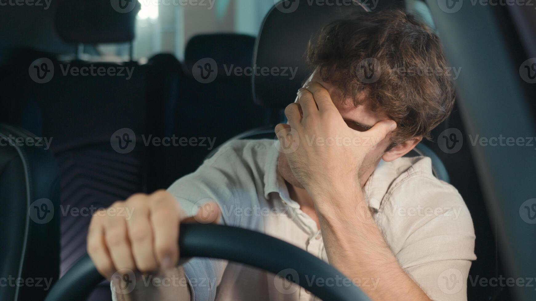 Frustrated stressed worried irritated angry Caucasian driver worry about traffic jam lateness business failure relationship breakup auto broken lost man problem sit in car automobile driving trouble photo