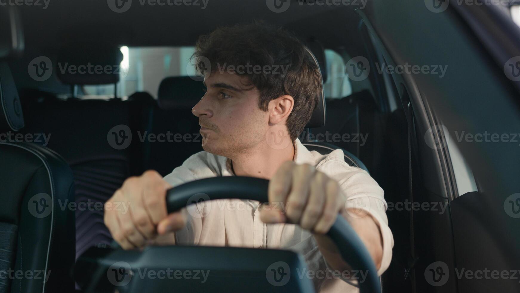 Frustrated stressed worried irritated angry Caucasian driver worry about traffic jam lateness business failure relationship breakup auto broken lost man problem sit in car automobile driving trouble photo