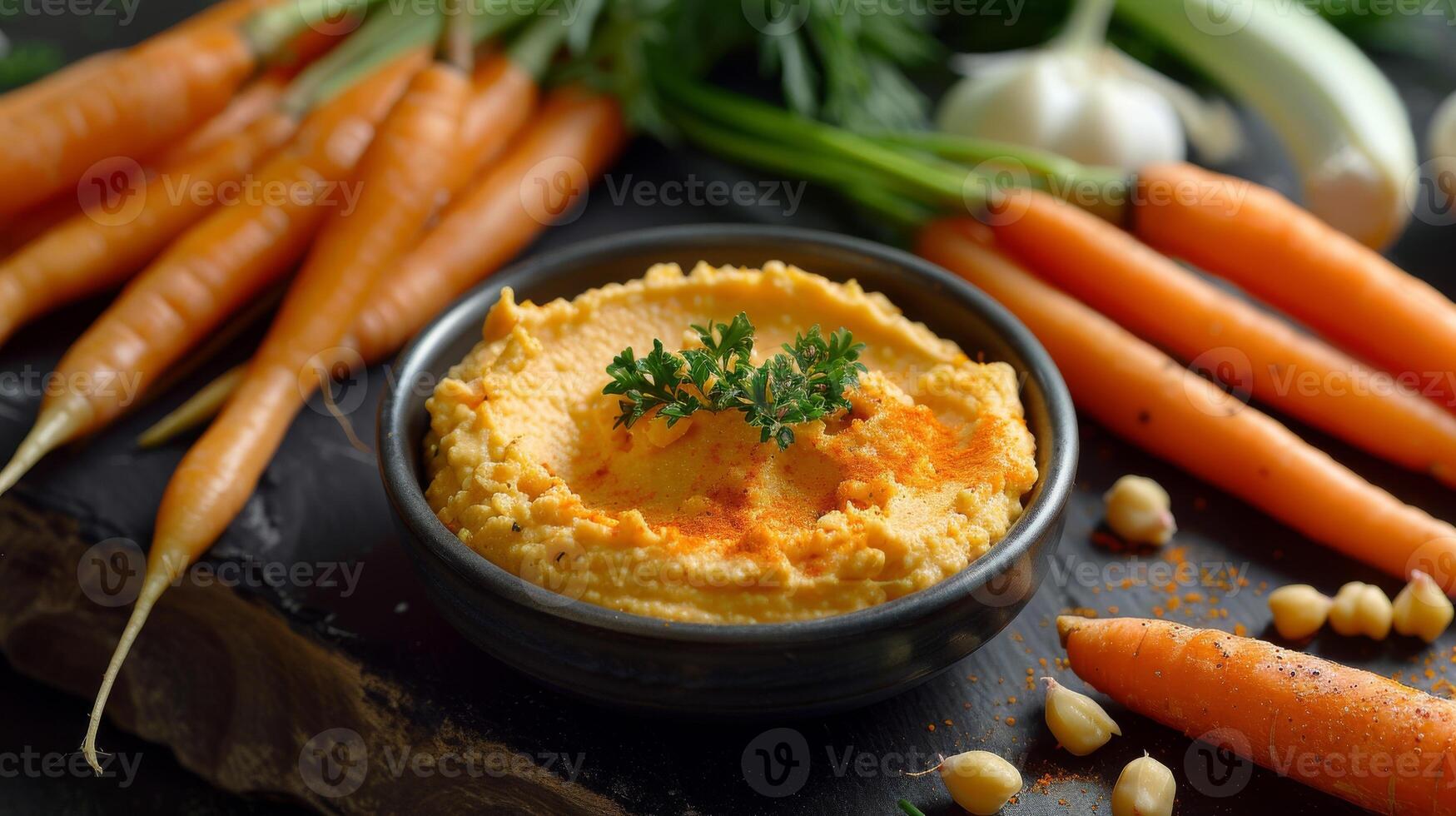Freshly Peeled Carrots with Bowl of Hummus Dip on Wooden Tabletop photo