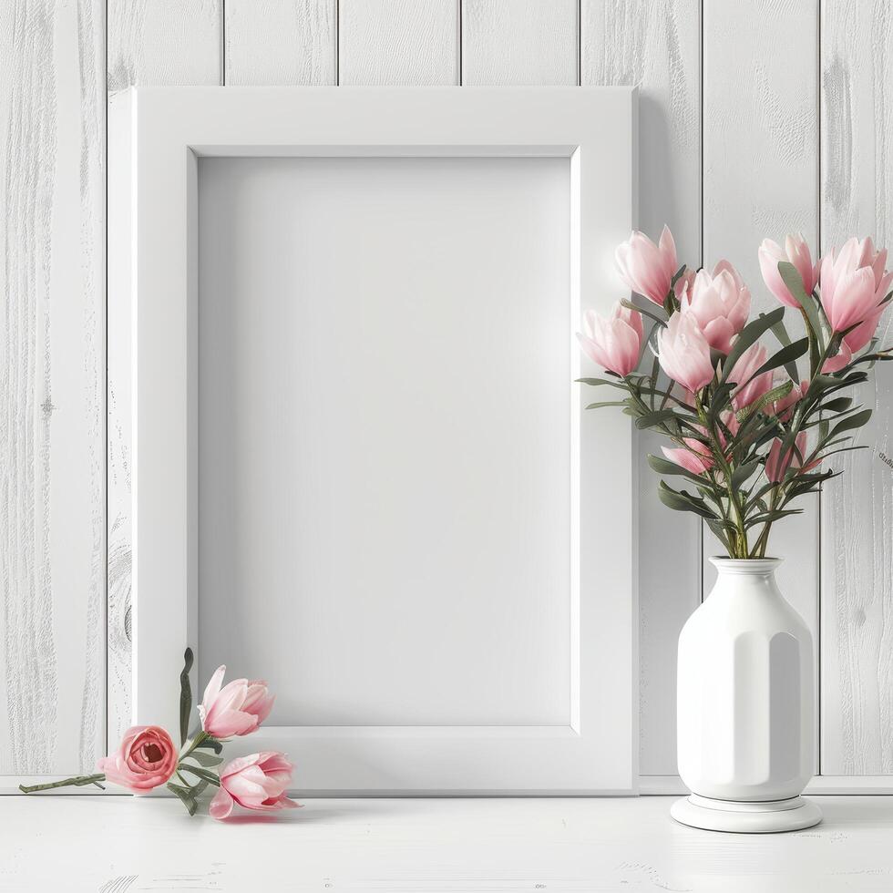 Mockup of Blank White Frame on Wooden Table with Pink Tulips Vase photo