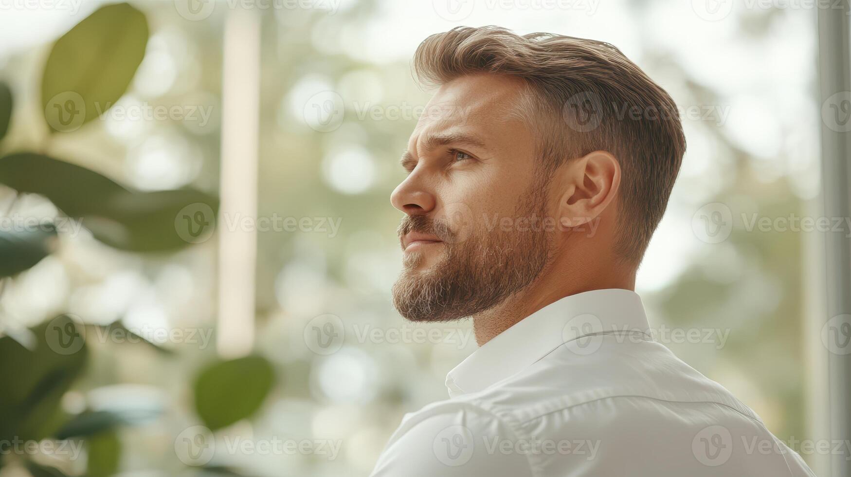 Businessman Reflecting on Leadership and Growth Strategies in Corporate Office Setting photo